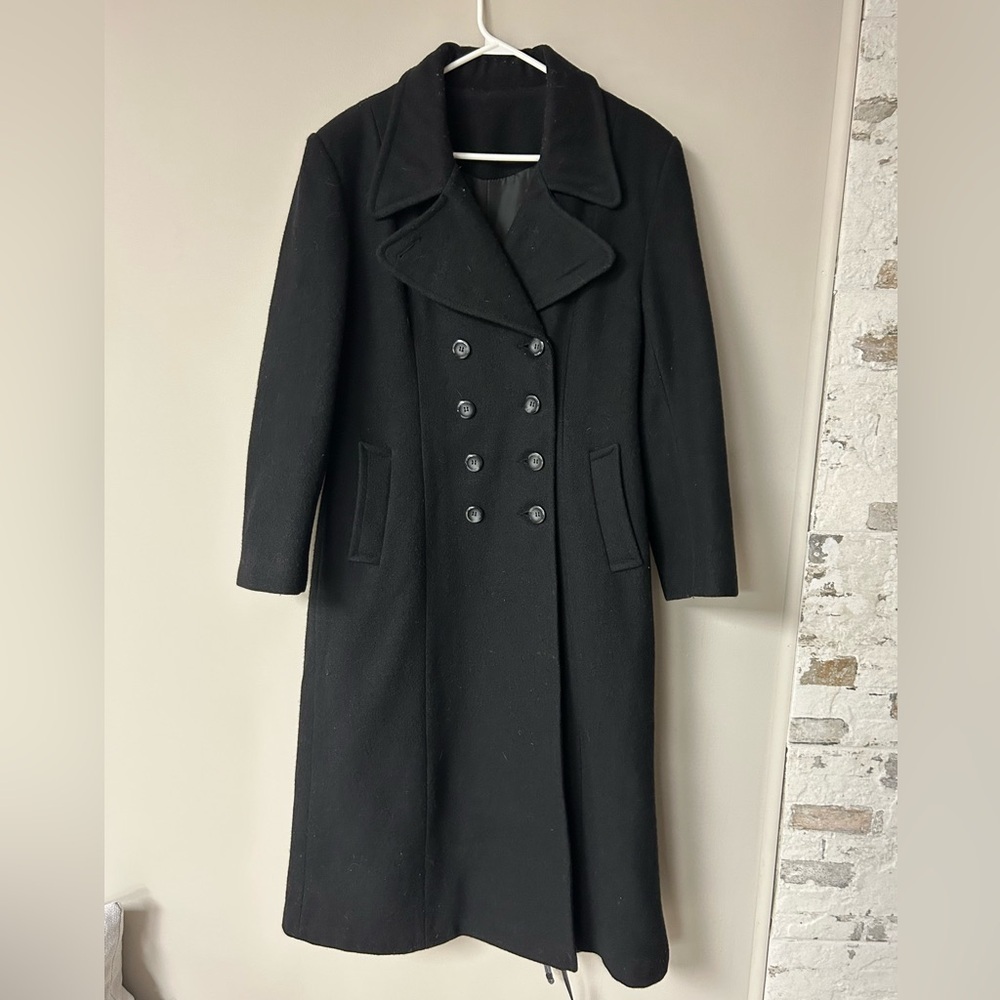 Vintage Sequence Black Wool‎ Blend Long Trench Coat